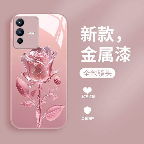 适用vivos12手机壳新款液态玻璃s12pro个性简约女款玫瑰花v1v0s10p潮牌创意V2162A全包摄像头s10e防摔小众
