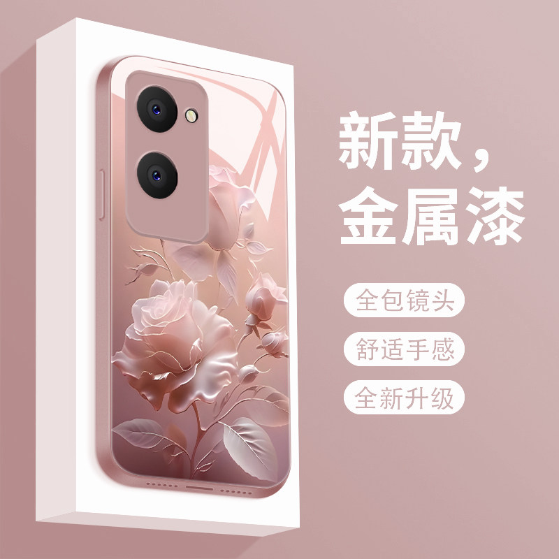 适用于vivoy37手机壳雾色玫瑰VIVOY37M新款液态玻璃保护套y37pro镜头全包防摔V2357EA潮牌简约创意女款