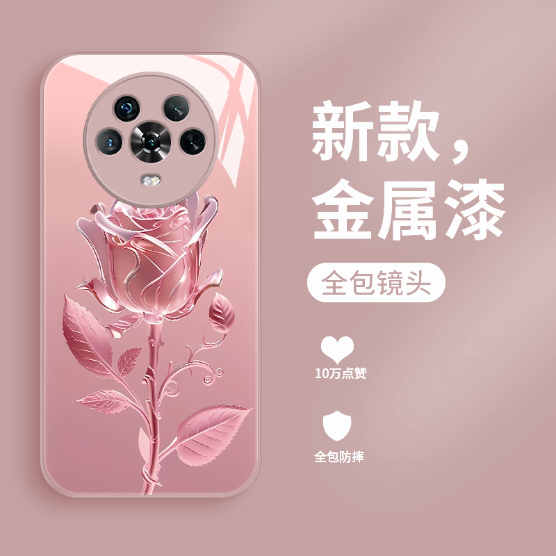 玫瑰花适用华为荣耀magic4手机壳新款液态玻璃Magic4pro镜头全包防摔MG3高级感女款LGE-AN20潮牌个性创意