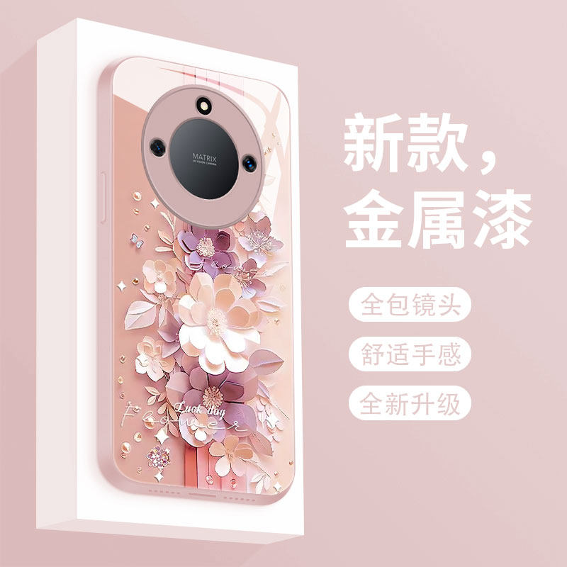 适用华为荣耀x50i十手机壳液态玻璃荣耀X50gt保护套HONER全包散热x5opro网红女款剪纸花CRT-AN00超薄防摔