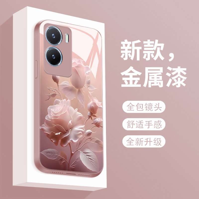 雾色玫瑰vivoy35手机壳vivoy35m新款vivo y35玻璃网红高级感y35m全包防摔软壳硅胶丫35简约5G男女款手机套-封面