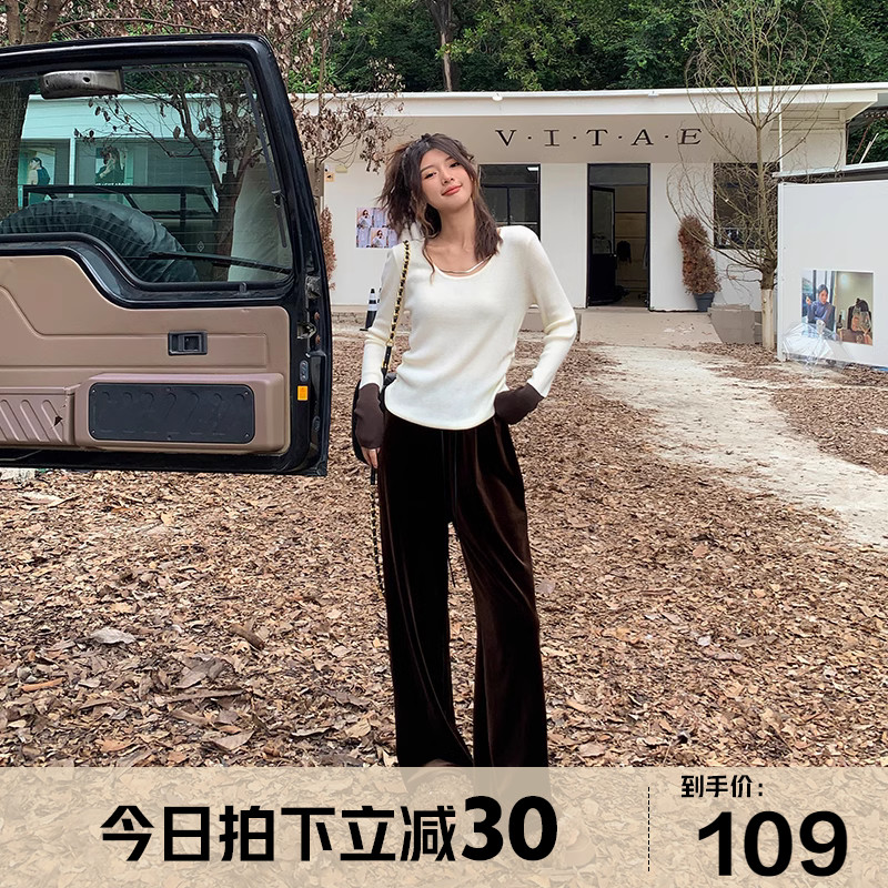 张大人大码女装胖妹妹mm显瘦丝绒黑色休闲裤显瘦遮肉阔腿裤女秋冬
