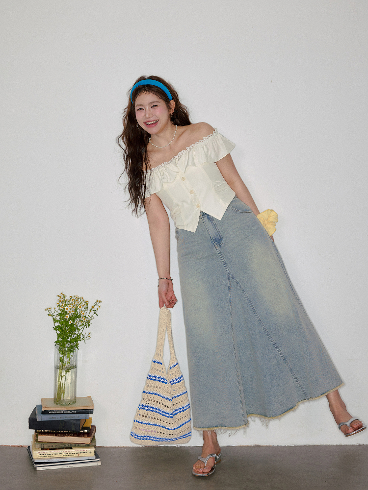 Summer Plus size Women's Clothing Loose-Fit mm Slim Looking Suit Korean Style Gentle Off-Shoulder Top and Denim Skirt