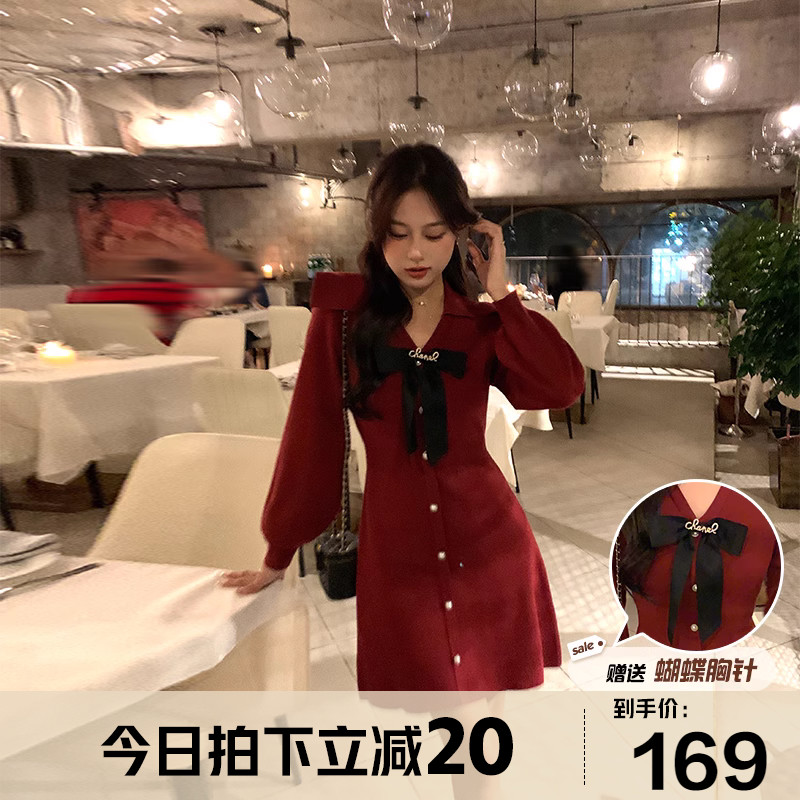 张大人红色公主连衣裙女法式气质复古风针织A字裙万圣节新品短裙