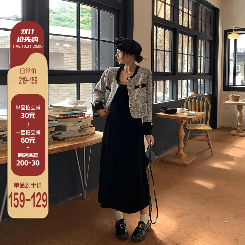 张大人大码女装胖妹妹mm显瘦冬气质小香风小黑裙御姐时尚外套套装
