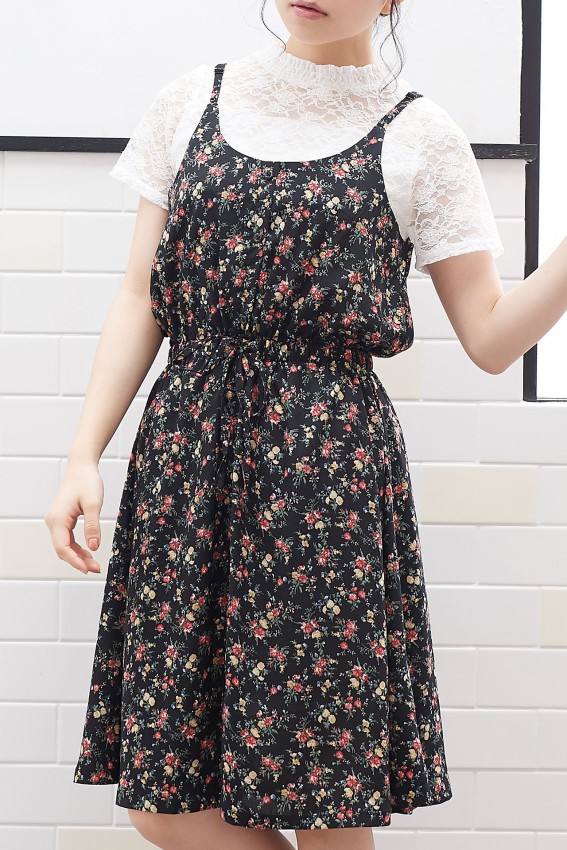 日本代購olive女裝2018夏裝款清新碎花吊帶連衣裙短袖蕾絲衫套裝