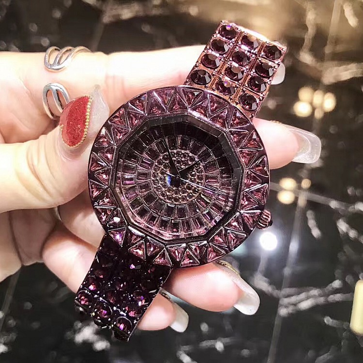 瑪莎莉女款新款滿鉆爆款鑲鉆大表盤滿鉆時尚個性紫色鋼帶女士手表