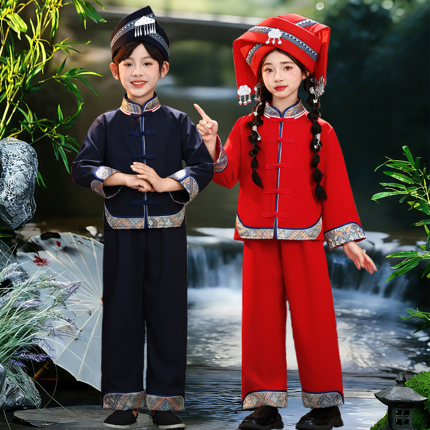 壮锦广西三月三儿童民族服装壮族苗族瑶族男童女童表演服裤子套装图片