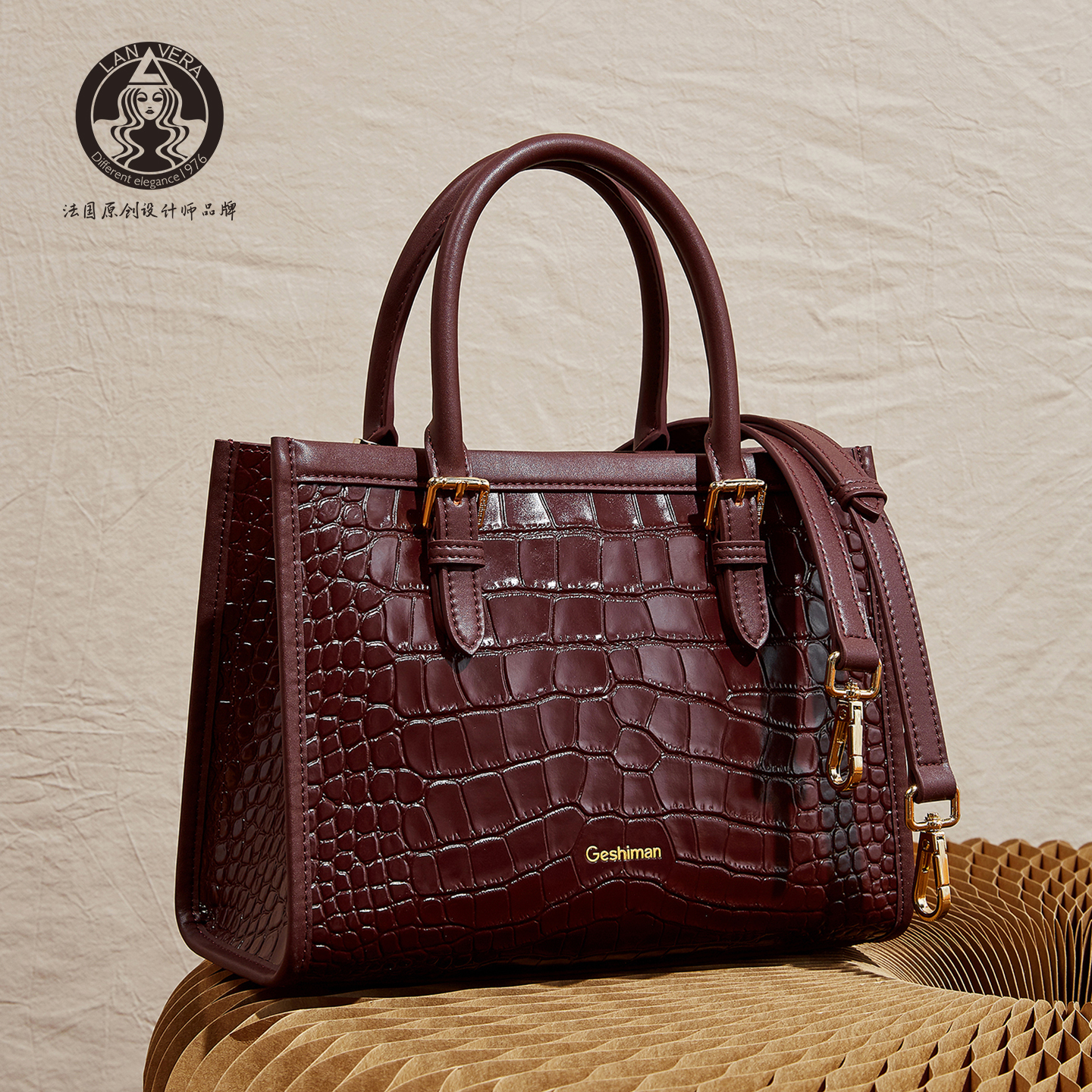 LANVERA鳄鱼纹头层牛皮手提包