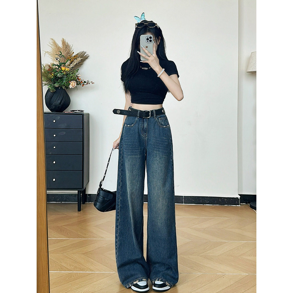 秋季美式复古磨破设计阔腿牛仔裤女夏秋新款高腰宽松遮肉垂感直筒