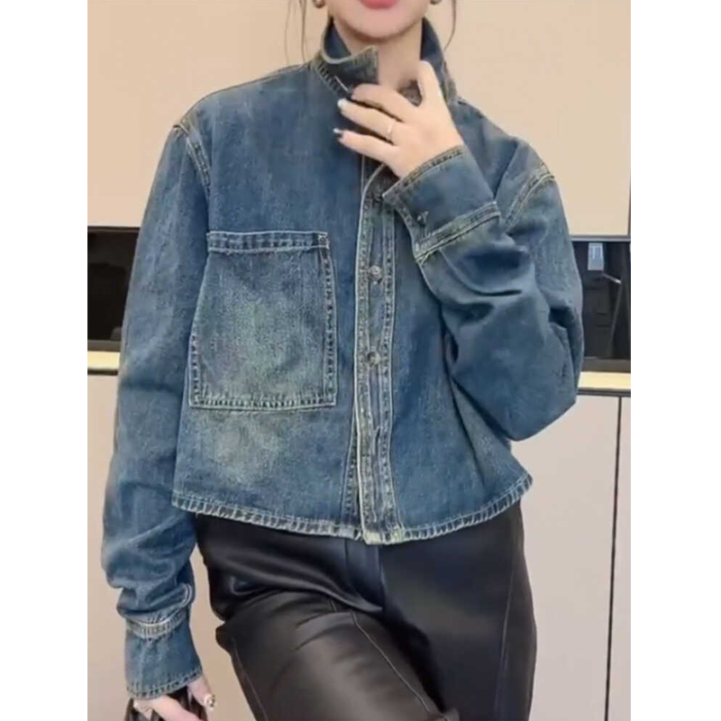 欧洲站牛仔短款外套女2025秋季新款长袖翻领口袋宽松牛仔衬衣上衣