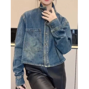 欧洲站牛仔短款外套女2026春季新款长袖翻领口袋宽松牛仔衬衣上衣