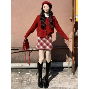 2025新款 秋冬女 圣诞战袍拜年过年本命年衣服红色毛衣半身裙子套装