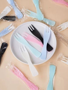 一次性叉子蛋糕甜品水果叉彩色长柄勺独立包装散装波浪形三齿叉