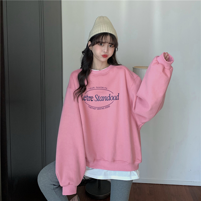 Real price autumn and winter languid style splicing letter printed crew neck with plush thickened medium length sweater cotton