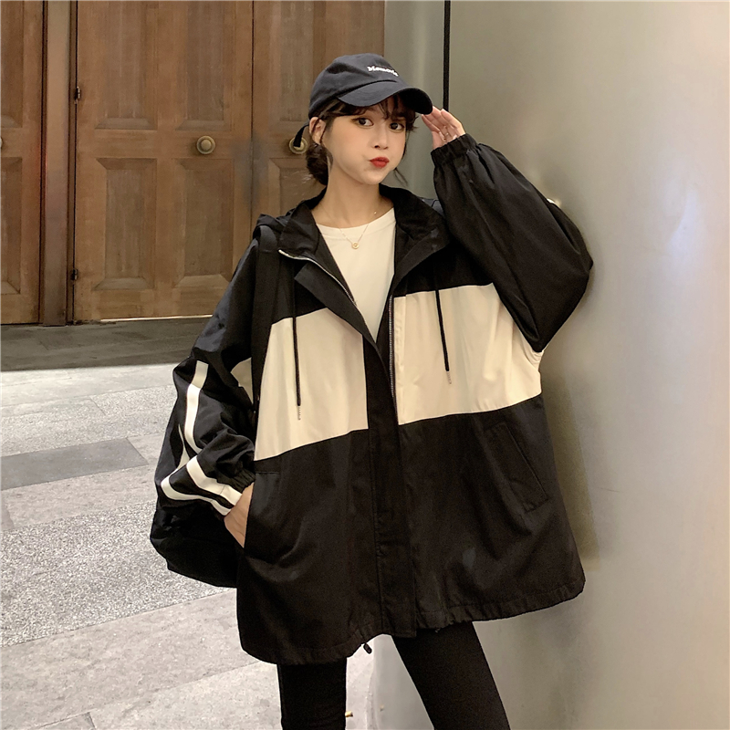 Control 3 real price splicing color contrast Hoodie women's autumn versatile letter printed loose zipper jacket jacket