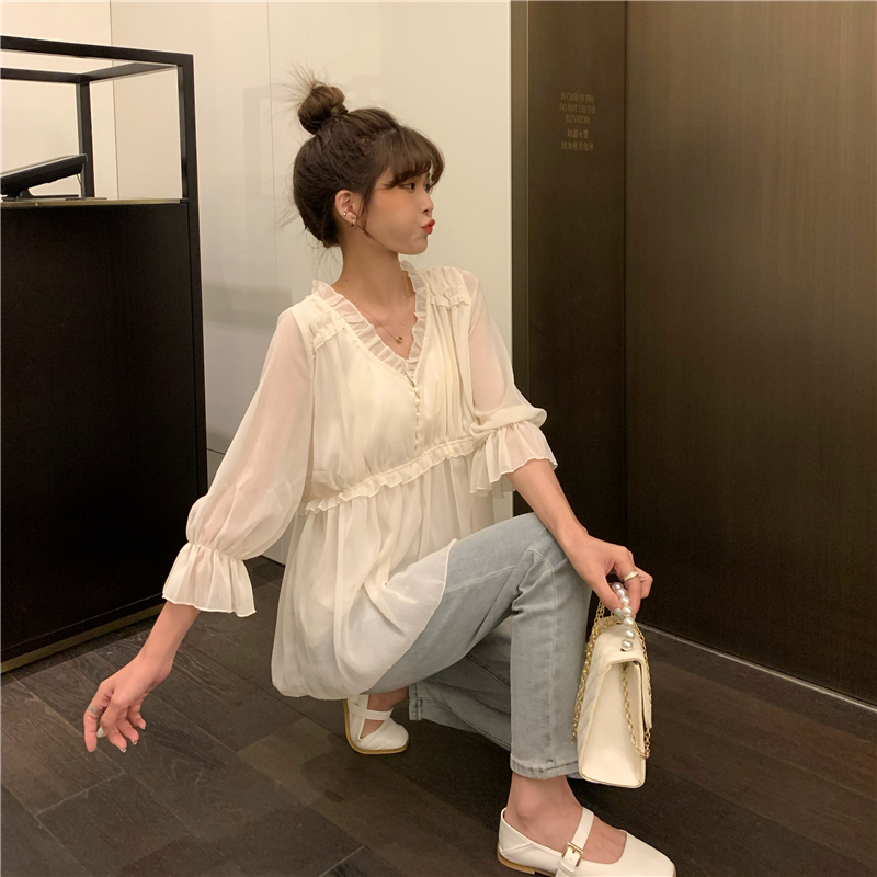 Real price Chiffon Shirt Short Sleeve summer Korean loose V-neck small shirt fashion foreign style super fairy top