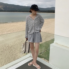 Real price long sleeve sunscreen cardigan lazy wind V-neck loose stripe T-shirt