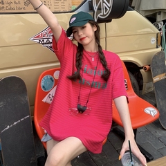 Real price waffle T-shirt women's short sleeve loose and versatile foreign style round neck letter rose red summer new