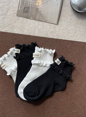 欠酱baby 早秋新品童袜双层木耳花边英文标宝宝短袜甜美婴童袜