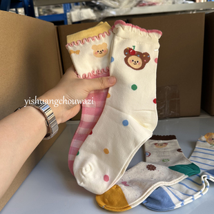 多巴胺彩色小熊 袜子女卡通可爱趣味小熊波点点子纱韩国百搭无骨