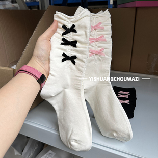 女士韩系小众设计师甜美可爱蝴蝶结配饰黑白棉中筒堆堆袜子Lolita