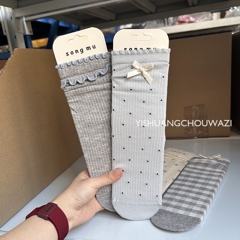 灰蓝色系春夏堆堆袜甜美中筒花边