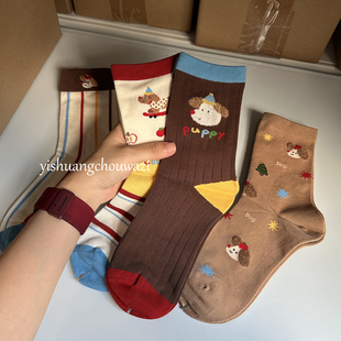 萌宠乐园3 25年秋冬新款可爱卡通小狗圣诞生日条纹中筒袜百搭无骨