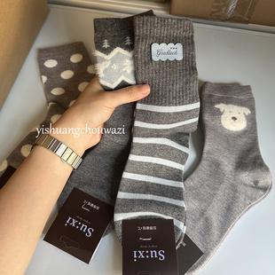费尔岛格雷色袜子韩国百搭冬季仿羊绒加绒保暖中筒布标波点无骨长
