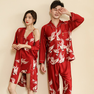 情侣睡衣春冰雪丝缎面印花睡衣套装 仙鹤情侣可爱结婚睡衣婚礼红色