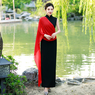 复古优雅旗袍长裙2025新款黑色显瘦红色披帛高端气质写真旗袍长裙