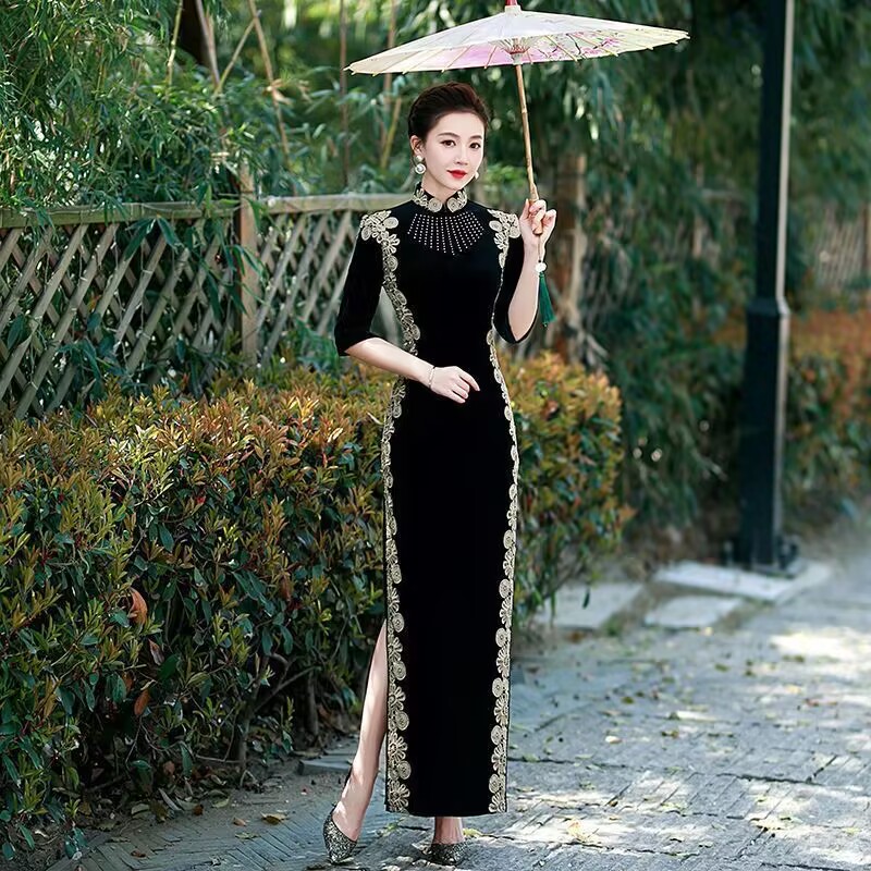 黑色金丝绒走秀连衣裙演出服旗袍