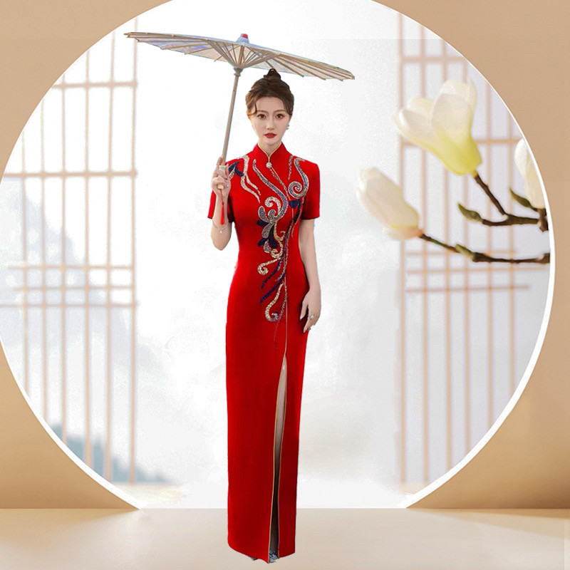2026新款改良旗袍走秀演出服中国风复古修身显瘦长款红色连衣裙女
