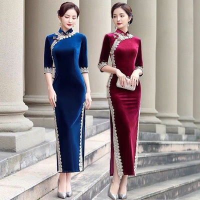 2025新款金丝绒旗袍女喜婆婆长款婚宴装秋冬新款高贵妈妈气质礼服