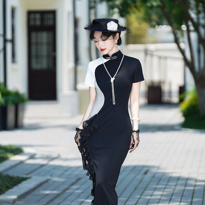 2025新款改良旗袍女黑白拼色立领短袖旗袍连衣裙气质优雅显瘦旗袍