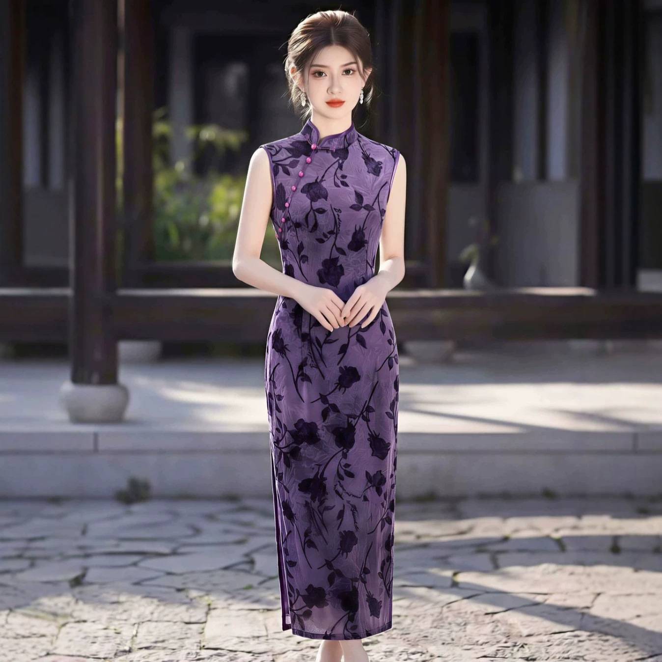 紫色无袖植绒旗袍2026新款夏季新中式改良年轻款修身日常连衣裙女