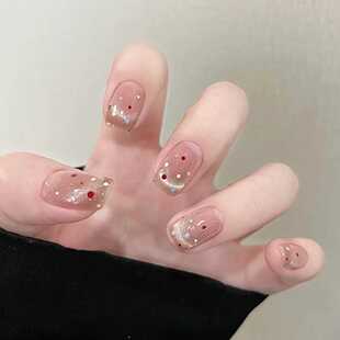 指甲贴片手工定制成品美甲贴片清新粉猫眼法式 穿戴甲 波点短款