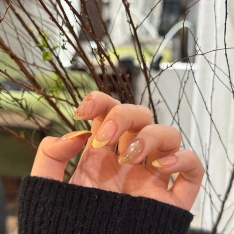 154手工定制美甲 小黄花氛围感温柔黄色系法式猫眼穿戴甲春夏显白