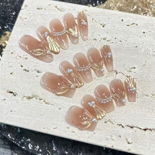 手工定制冰茶人鱼姬2025美甲成品贴片穿戴甲假指甲持久可拆卸