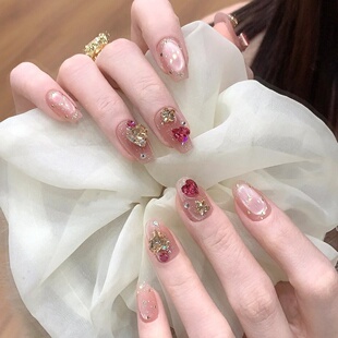 新品 手工定制成品假指甲光疗穿戴甲玫瑰桃心千金美甲孕妇新娘显白