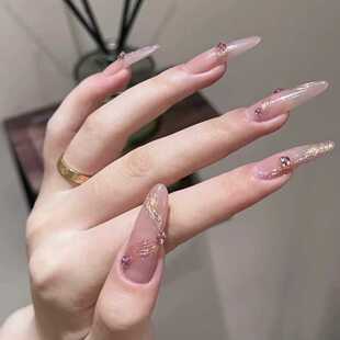 手工穿戴甲裸色香槟腮红晕染不规则魔镜粉堆钻可拆卸指甲贴片美甲