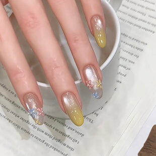 手工定制成品假指甲光疗穿戴甲氛围感奶黄渐变春日小花显白可拆卸