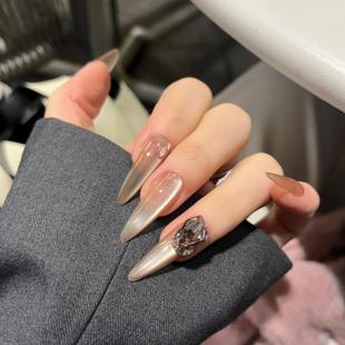 手工定制成品假指甲光疗穿戴甲猫眼千金水灵裸色美甲孕妇新娘显白