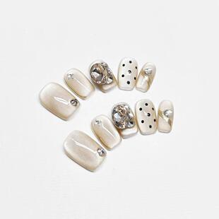 2025法式 猫眼波点闪钻假指甲贴片可拆卸孕妇 美甲纯手工穿戴甲新款