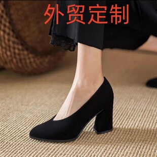 高跟鞋 外贸黑色粗跟浅口气质单鞋 新款 2025夏季 软底通勤小皮鞋