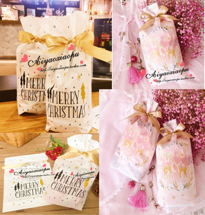 束口袋塑料袋粉底母子小鹿圣诞礼品包装袋丝带抽绳袋糖果袋