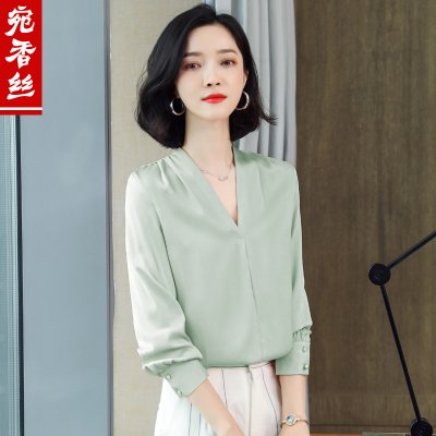 桑蚕丝绸缎面妈妈装修身新品衬衣