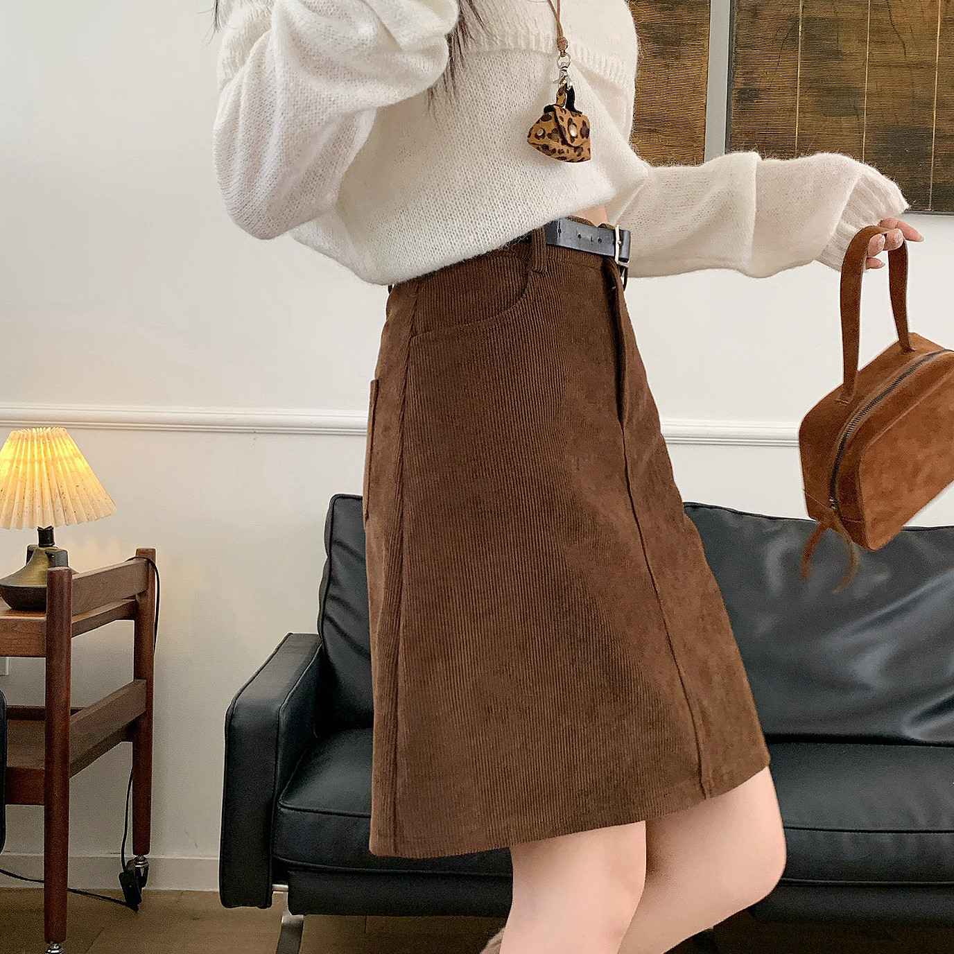 咖色灯芯绒半身中裙包臀棕色半裙