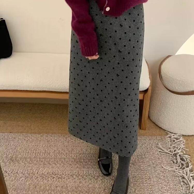 大码灰色波点毛呢半身裙女秋冬高腰显瘦后开叉直筒裙中长款a字裙