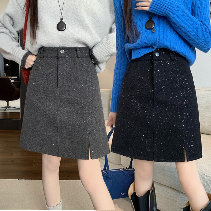闪闪亮片毛呢包臀中裙洋气半身裙
